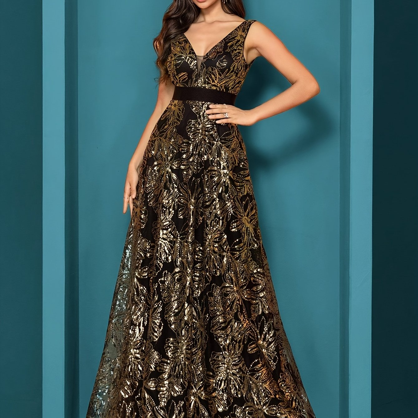 Elegant V-Neck Sequin Embroidered Sleeveless Maxi Dress for Women - Flowing Floor-Length Evening Gown with Lace Detailing, Perfect for Parties, Proms, and Formal Events