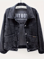 Women's Retro Slimming Loose Fit Short Jacket - 65% Blend Embroidered Letter Detail, Lapel Collar Spring\u002FFall Casual Outerwear, Versatile Blue Denim Coat for Casual Attire, Casual Women's Jacket | Embroidered Denim | Relaxed Fit Jacket