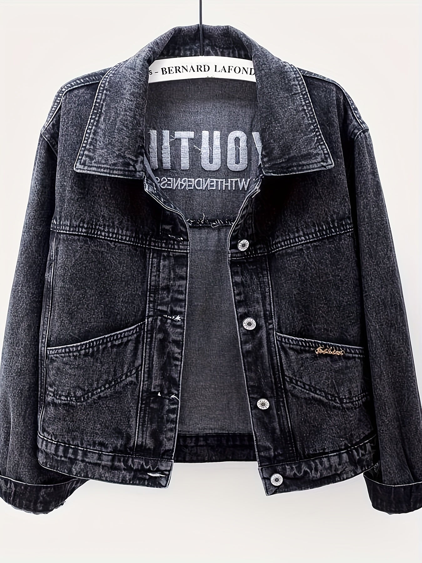 Women's Retro Slimming Loose Fit Short Jacket - 65% Blend Embroidered Letter Detail, Lapel Collar Spring\u002FFall Casual Outerwear, Versatile Blue Denim Coat for Casual Attire, Casual Women's Jacket | Embroidered Denim | Relaxed Fit Jacket