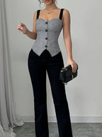 Chic Black & White Houndstooth Sleeveless Vest for Women - Adjustable Spaghetti Straps, V-Neckline, Single Row Buttons, Lightweight Polyester, Perfect for Spring, Summer & Fall Outfits, Stylish Layering Piece | Vneck Vest | Functional Design