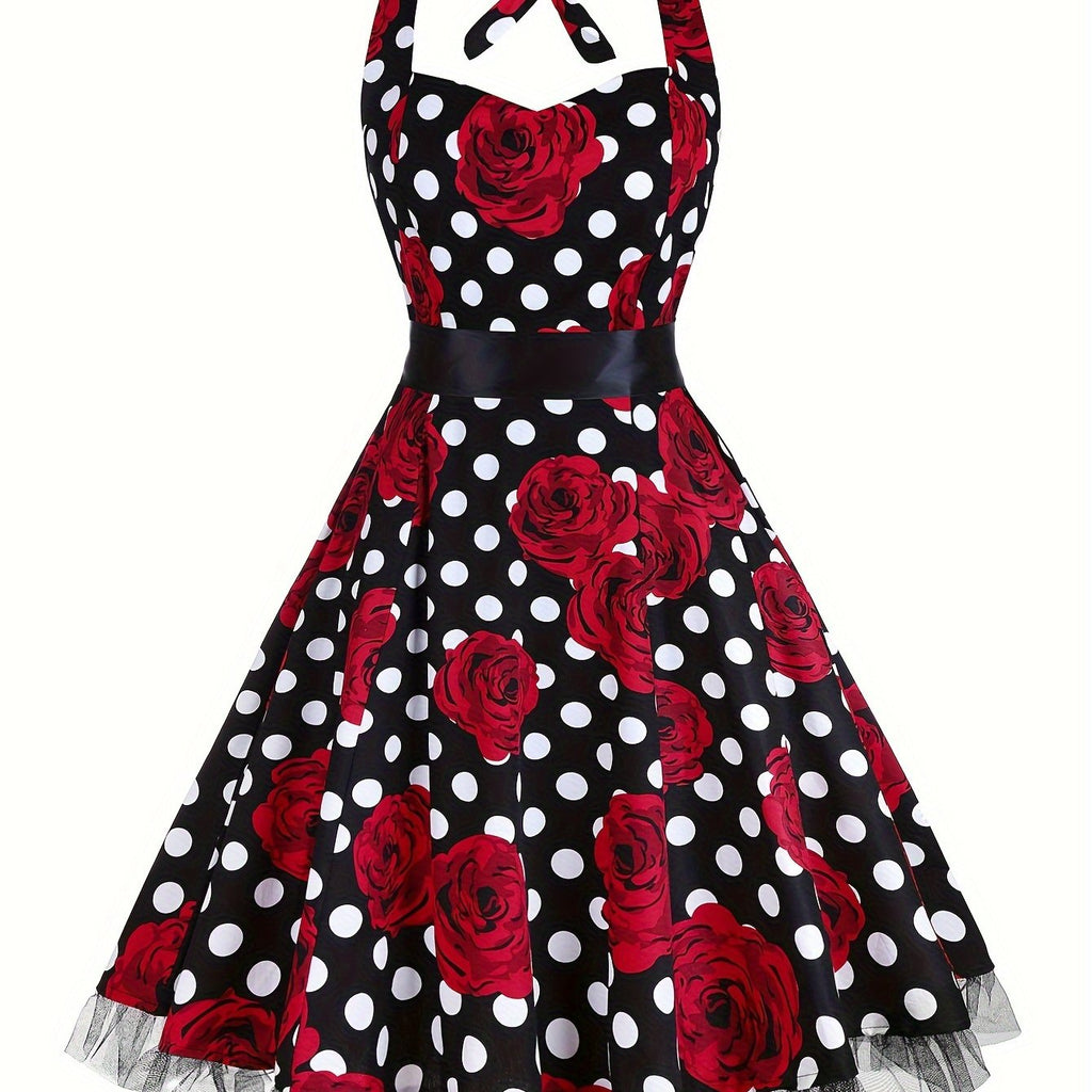 Women'S Fashion Dress, Polyester, Halter Neck, Polka Dot Pattern, A-Line, All-Season, Adult, Woven Fabric
