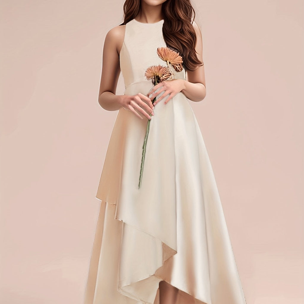 GULULU Girls' Elegant Summer Dress - Sleeveless Navy Blue A-Line Gown with Floral Detail, Lightweight Polyester Fabric, Perfect for Youngsters, Princess Style Long Dress, Summer Dresse