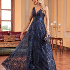 Elegant V-Neck Sequin Embroidered Sleeveless Maxi Dress for Women - Flowing Floor-Length Evening Gown with Lace Detailing, Perfect for Parties, Proms, and Formal Events