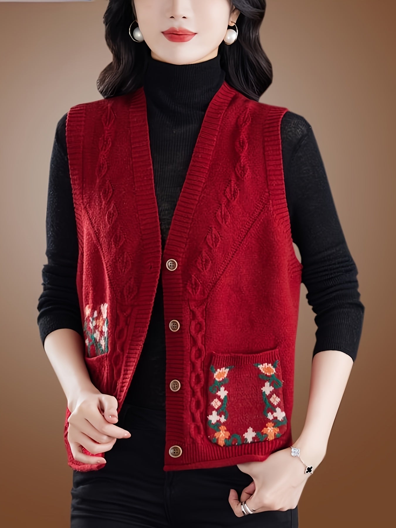 Better Tomorrow Women's Elegant Vintage Floral Sleeveless Vest - V-Neck Double Pocket Layering Piece, Relaxed H-Silhouette for Spring\u002FFall Casual Outfits, Ladies Vests, Spring Fall Apparel, Durable Knitwear