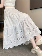 Women'S Summer Hollow Embroidered Midi Skirt with Elastic High Waist And Flared Design.