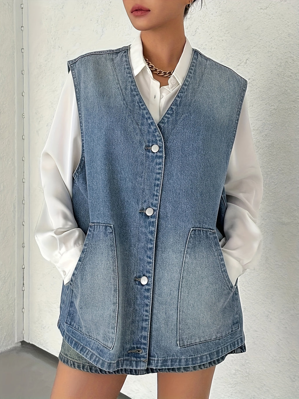 Women's Vintage Washed Blue Denim Vest - Loose Fit Button-Up Sleeveless Jacket with Flap Pockets, Retro Style, Machine Washable