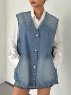 Women's Vintage Washed Blue Denim Vest - Loose Fit Button-Up Sleeveless Jacket with Flap Pockets, Retro Style, Machine Washable