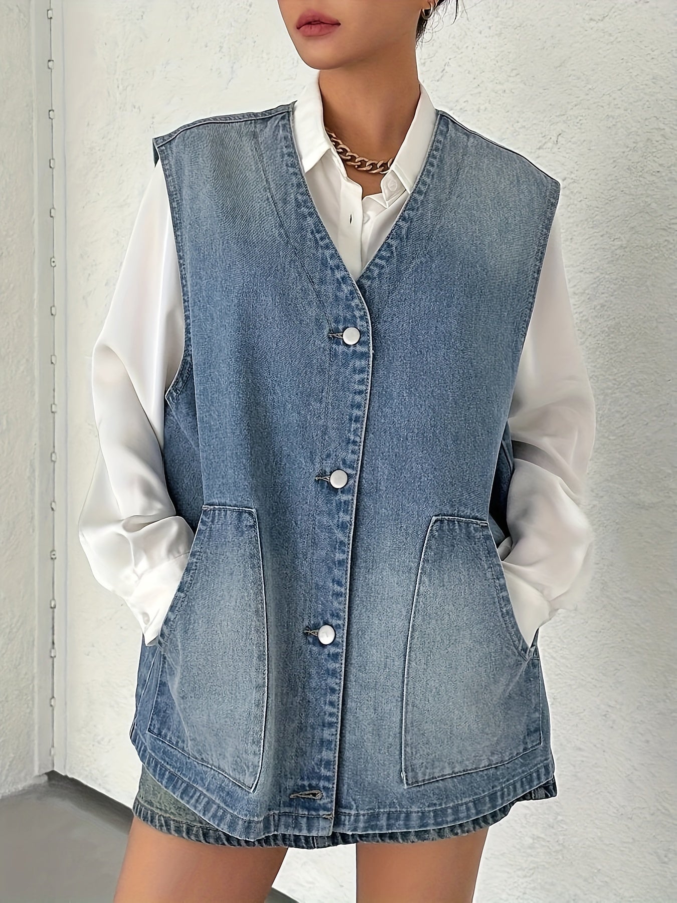 Women's Vintage Washed Blue Denim Vest - Loose Fit Button-Up Sleeveless Jacket with Flap Pockets, Retro Style, Machine Washable