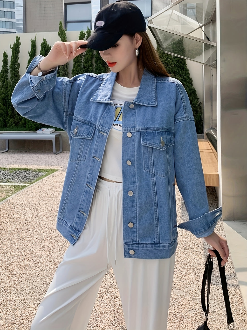 Women'S Casual Denim Jacket, Loose Fit Solid Color, Long Sleeve, Single Breasted with Lapel Collar, Regular Length, Non-Stretch Fabric, 81%, 9.6% Viscose, 8.5% Polyester, Fall\u002FWinter Outerwear