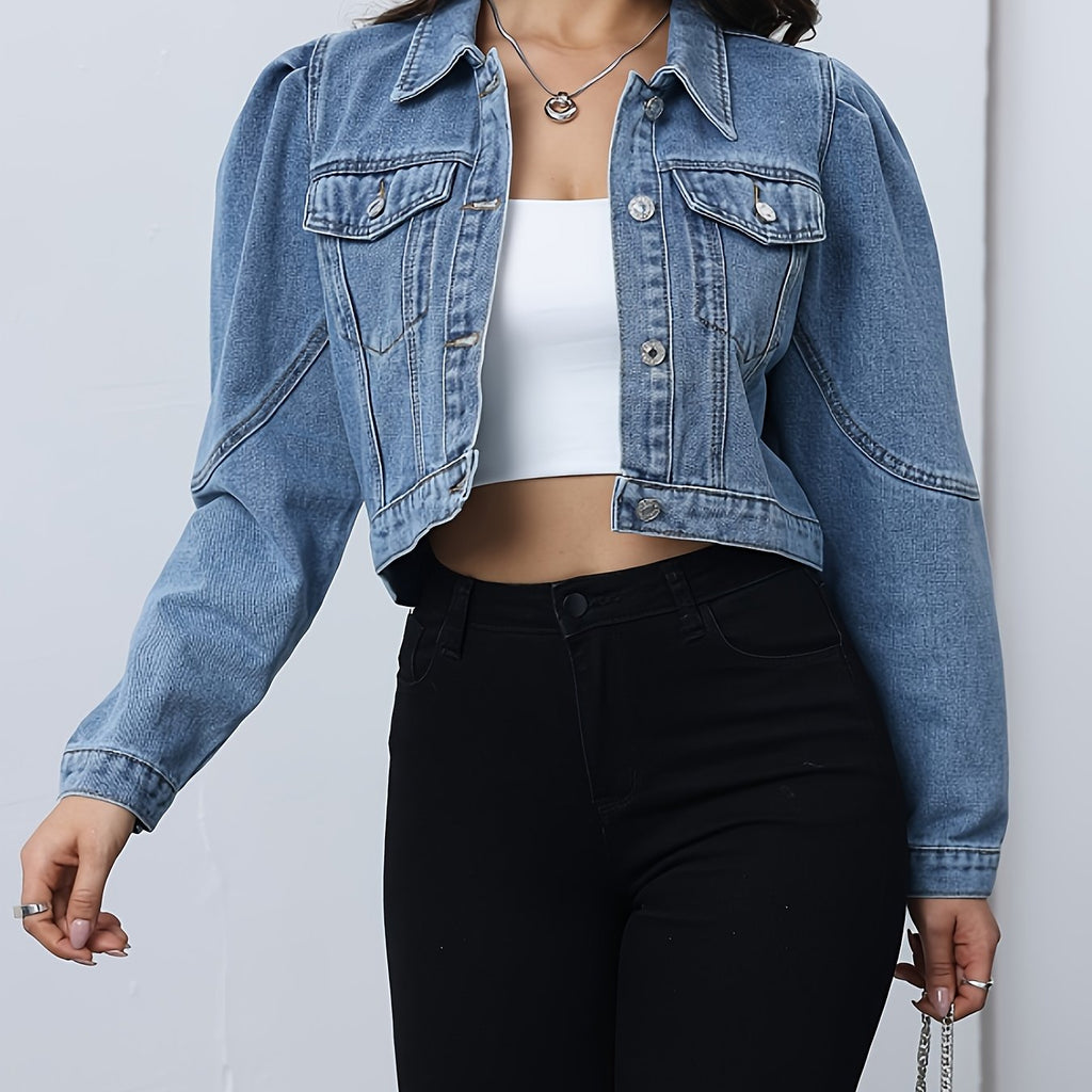Women's Slim-Fit Long Sleeve Denim Jacket - Elegant Lapel Collar Single-Breasted Closure, Machine Washable Solid Blue Coat for Spring\u002FSummer Casual & Semi-Formal Outfits
