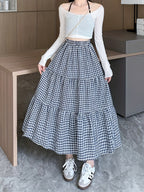 Women's High-Waist Black and White Gingham Pleated Skirt - Slimming A-Line Cut, Casual Summer Style, Lightweight and Breathable Fabric, Perfect for Staircase Outfits or Casual Attire
