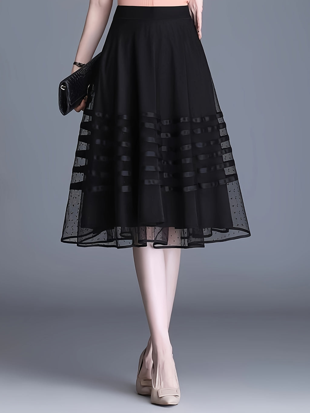 Polyester Striped A-Line Skirt, Mid-Length, Pleated, Contrast Mesh, High-Waisted, Slimming, No Belt, for Women, Summer, Spring, Fall, Vacatio