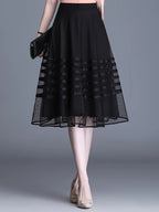 Polyester Striped A-Line Skirt, Mid-Length, Pleated, Contrast Mesh, High-Waisted, Slimming, No Belt, for Women, Summer, Spring, Fall, Vacatio