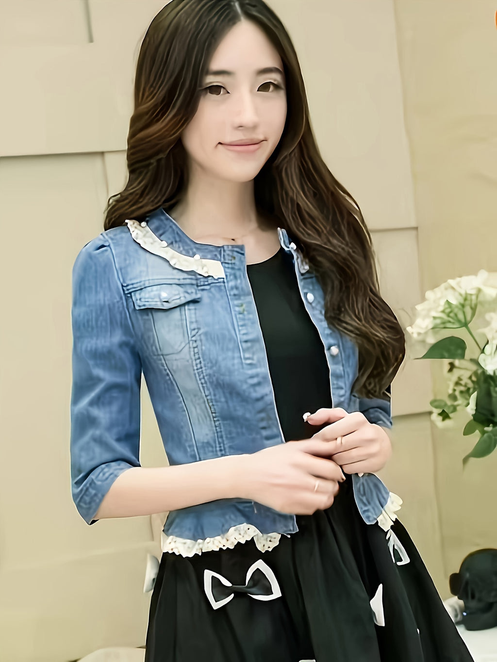 Lace Decor 3\u002F4 Sleeve Button Up Elegant Washed Blue Slim Fit Coquette Aesthetic Denim Jacket, Women's Denim Jeans & Clothing