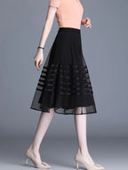 Polyester Striped A-Line Skirt, Mid-Length, Pleated, Contrast Mesh, High-Waisted, Slimming, No Belt, for Women, Summer, Spring, Fall, Vacatio