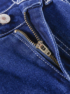 Cross Embroidery Whiskering Washed Blue Retro Style Zipper Button Closure Denim Pants, Women's Denim Jeans & Clothing