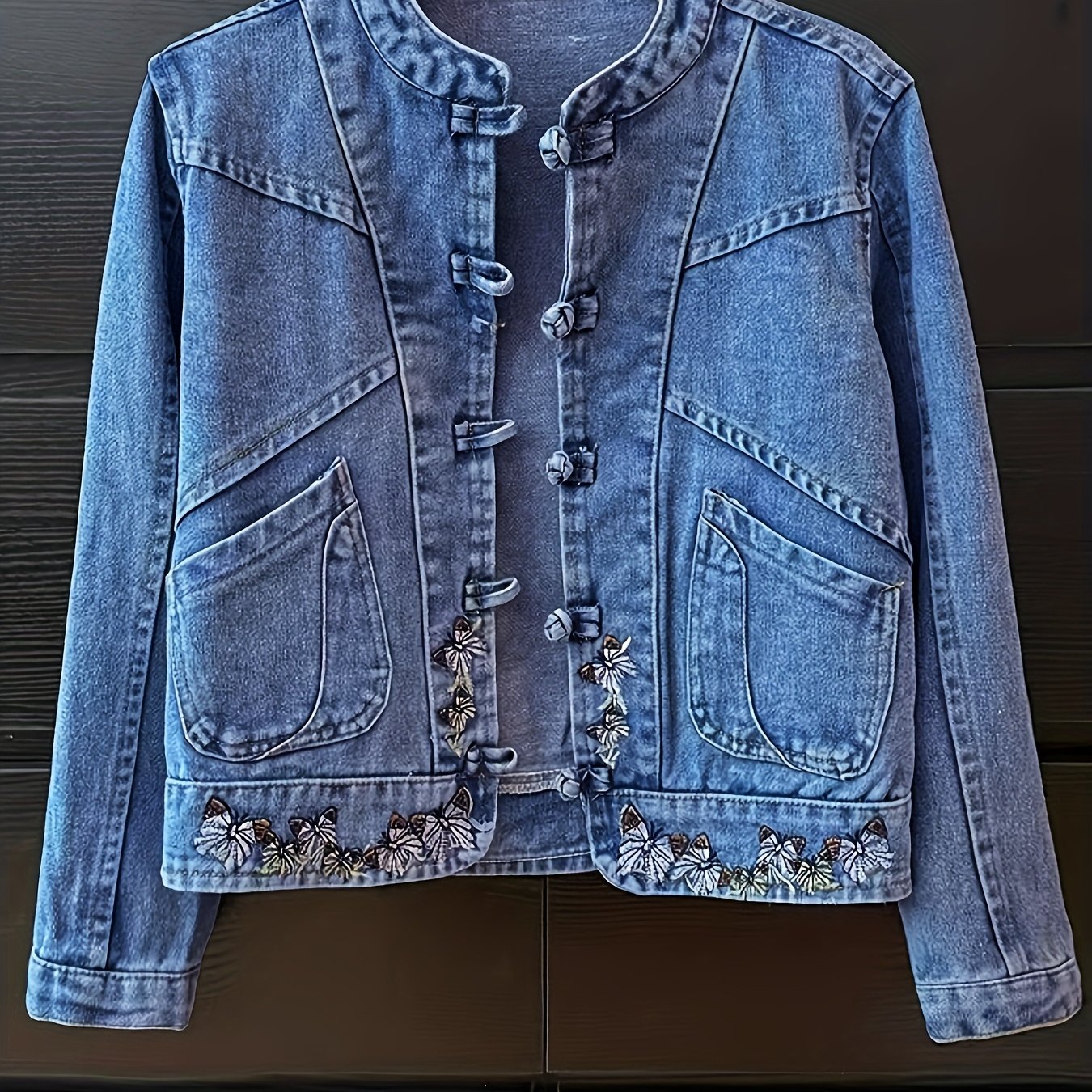 Vintage-Inspired Women's Denim Jacket with Floral Embroidery, Slim Fit Stretch Denim Coat with Ethnic Buckle Details and Chest Pockets - Light Wash Blue, Casual to Chic Style for Casual Attire