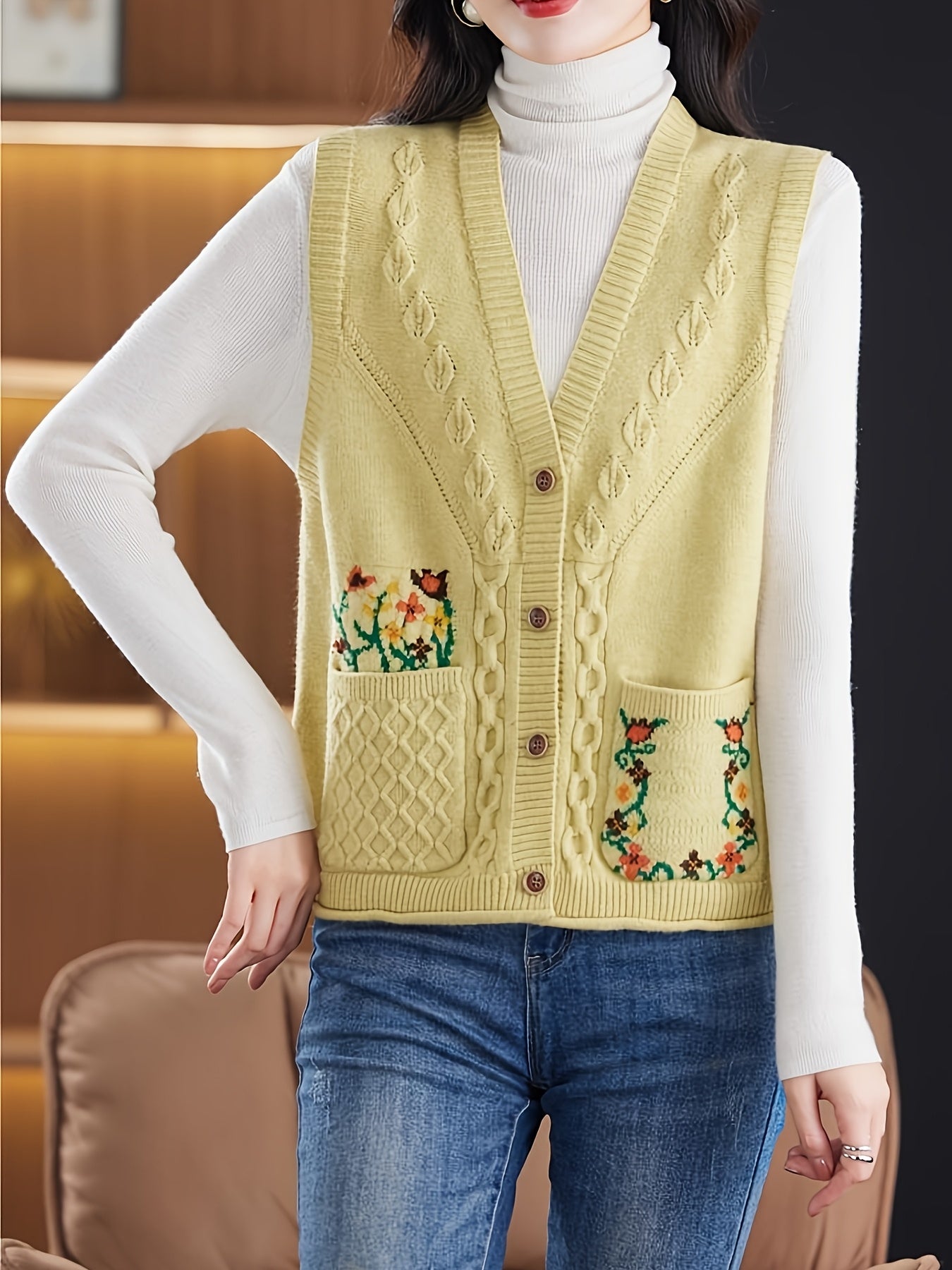 Better Tomorrow Women's Elegant Vintage Floral Sleeveless Vest - V-Neck Double Pocket Layering Piece, Relaxed H-Silhouette for Spring\u002FFall Casual Outfits, Ladies Vests, Spring Fall Apparel, Durable Knitwear