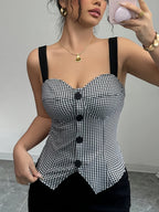 Chic Black & White Houndstooth Sleeveless Vest for Women - Adjustable Spaghetti Straps, V-Neckline, Single Row Buttons, Lightweight Polyester, Perfect for Spring, Summer & Fall Outfits, Stylish Layering Piece | Vneck Vest | Functional Design
