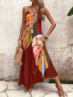 Women's Tropical Leaf Print Sleeveless Maxi Dress - Vibrant Orange & Green Loose Fit Summer Dress with Thin Straps, Machine Washable for Beach Vacations & Casual Outings, Warm Weather Clothing | Flowing Maxi Dress | Lightweight Fabric, Beach Dress