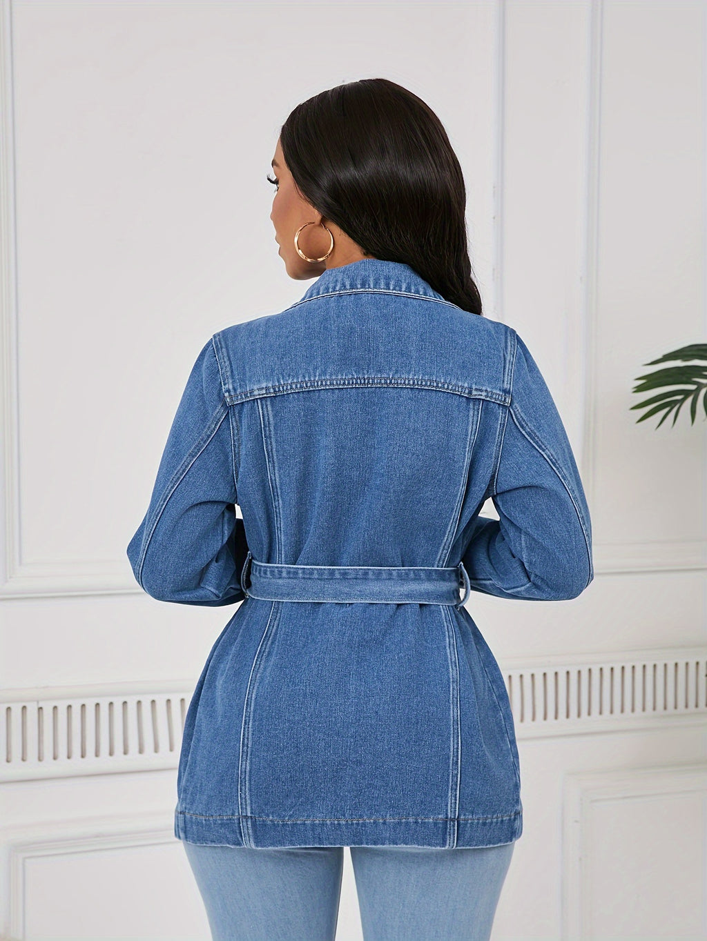Mid-Length Denim Jacket for Women with a Belt And Four Pockets.