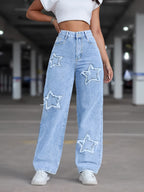 Women's Elegant Star Straight-Leg Jeans - Stretch Denim, Comfort Fit, Machine Washable, Versatile All-Season Wear