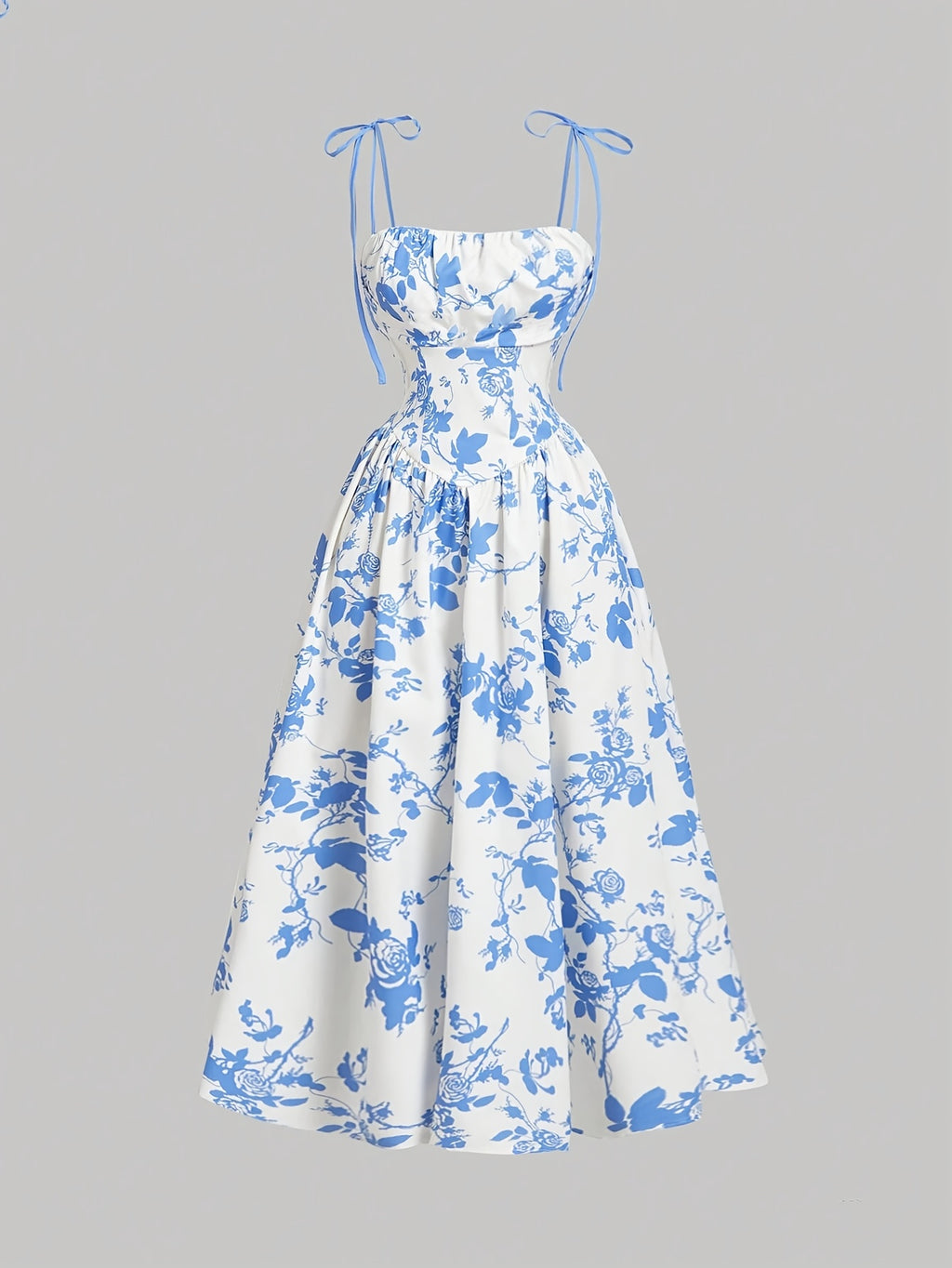 Elegant Floral Print Square Neck Dress for Women - Sleeveless A-Line Midi with Lace-Up Detail, Spring\u002FSummer\u002FFall Fashion, White with Blue Floral Patterns, Floral Dress