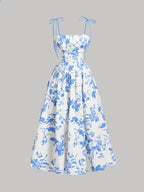 Elegant Floral Print Square Neck Dress for Women - Sleeveless A-Line Midi with Lace-Up Detail, Spring\u002FSummer\u002FFall Fashion, White with Blue Floral Patterns, Floral Dress
