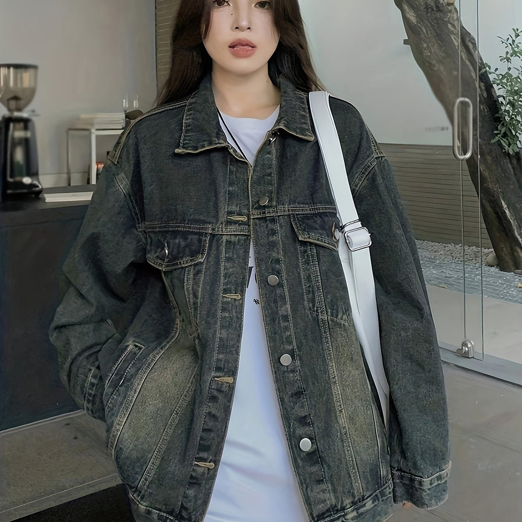 Women'S Casual Denim Jacket - Solid Color, Woven Cotton, Button Detail, Unstretched Fabric, Fall\u002FWinter Collection