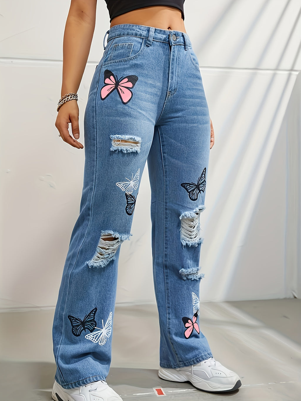 Women's High-Waist Distressed Butterfly Print Straight-Leg Jeans - Light Blue Denim with Black & Pink Butterfly Design, Ripped Detail, Casual Spring\u002FSummer Style, Butterfly Pants
