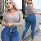 Traceable Women's High Waist High Elastic Button Tight Fitted Hip Lift Solid Color Body Shaping Jeans