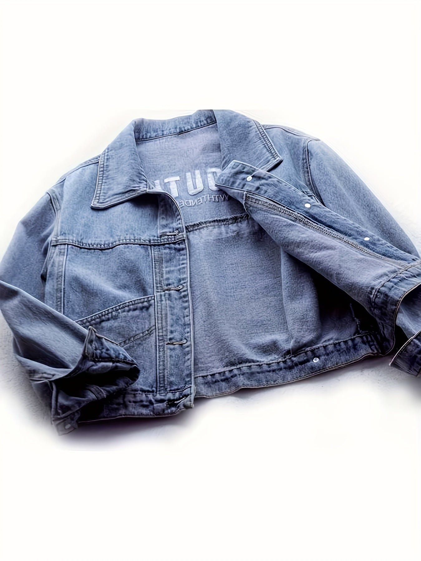 Chic Denim Letter Embroidered Jacket for Women - Loose Fit, Long Sleeve, Button-Up Design, Light Blue Washed Jean Coat, Perfect for Spring & Fall, Casual Yet Stylis