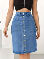 Sexy Denim Skirt for Women - Solid Color, Woven, Button Detail, Split Hem, Regular Fit, No Belt, Spring\u002FFall Collection