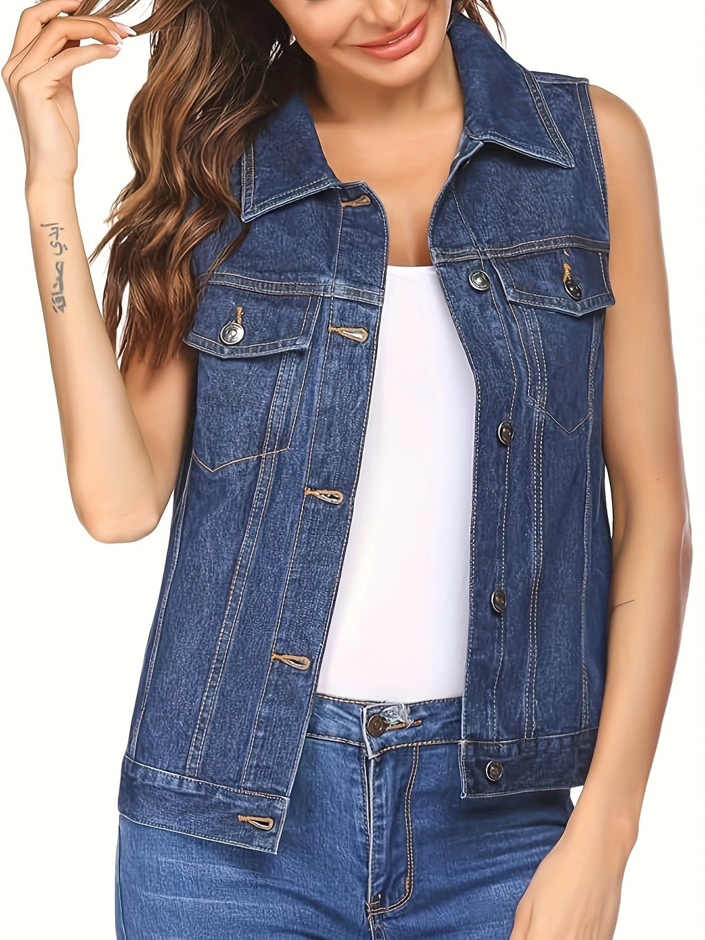 Women's Sleeveless Denim Vest Jacket with Flap Pockets - Casual Light Blue Jean Vest for Spring\u002FFall, Machine Washable, Classic Collar Design
