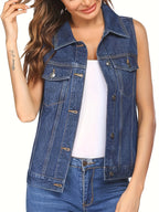 Women's Sleeveless Denim Vest Jacket with Flap Pockets - Casual Light Blue Jean Vest for Spring\u002FFall, Machine Washable, Classic Collar Design