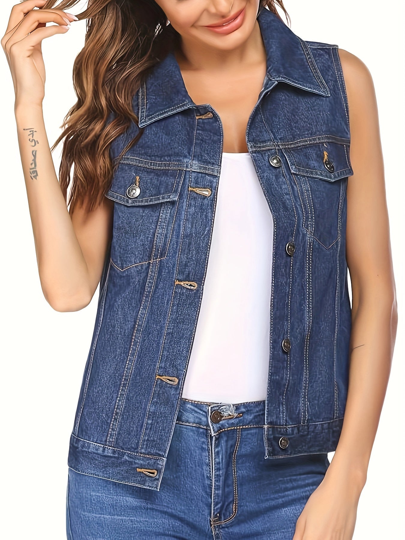 Women's Sleeveless Denim Vest Jacket with Flap Pockets - Casual Light Blue Jean Vest for Spring\u002FFall, Machine Washable, Classic Collar Design
