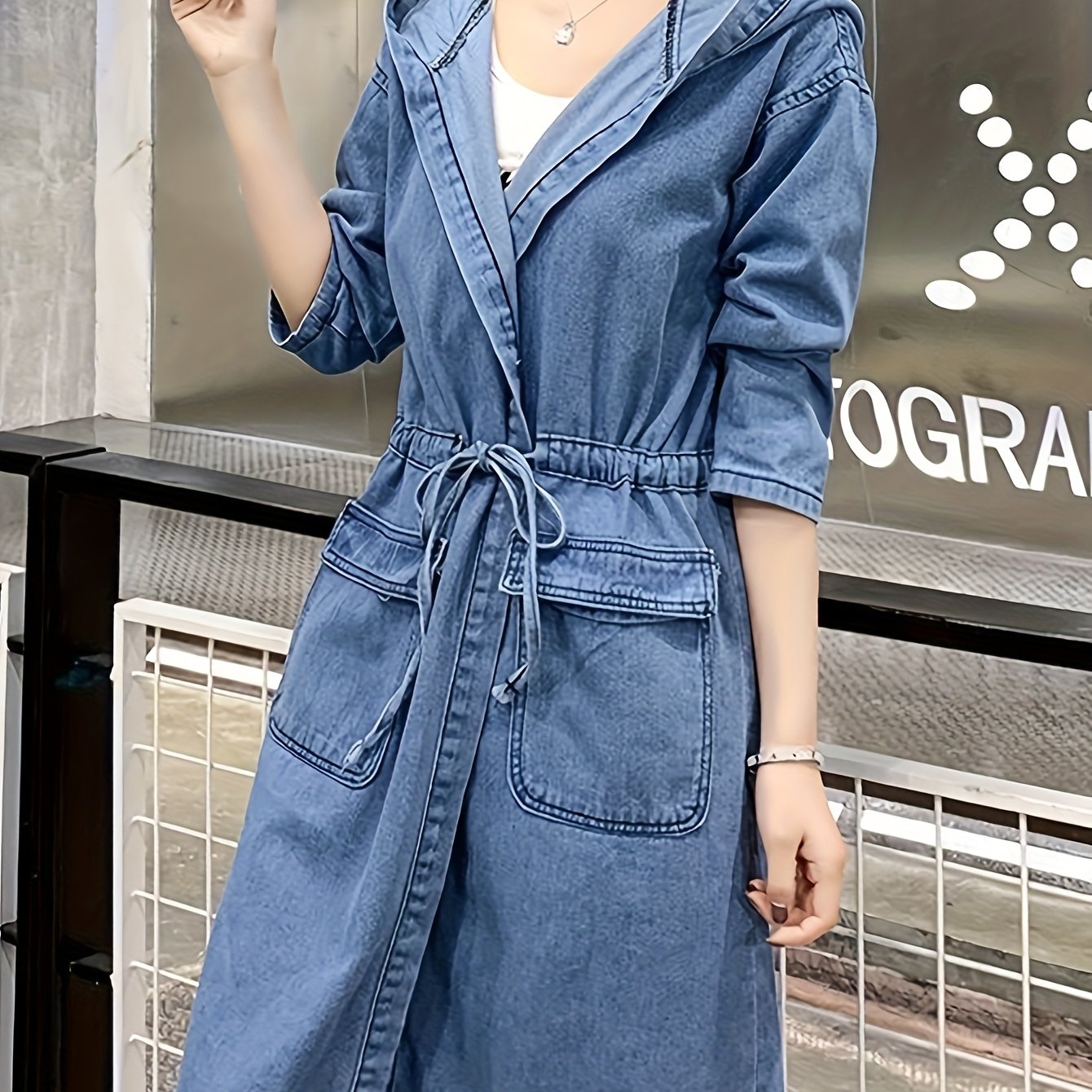 Women'S Vintage-Inspired Faux Denim Jacket with Kangaroo Pocket - Long Sleeve, Hooded, Non-Stretch Fabric, Casual Style, Spring\u002FSummer Collection, Blue Jean Jacket for Women