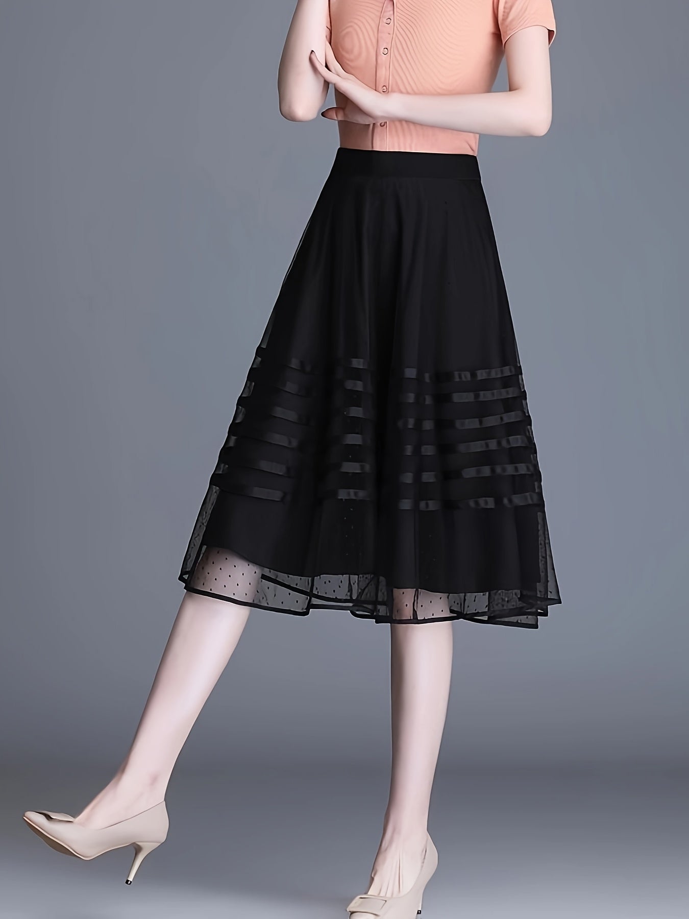 Polyester Striped A-Line Skirt, Mid-Length, Pleated, Contrast Mesh, High-Waisted, Slimming, No Belt, for Women, Summer, Spring, Fall, Vacatio