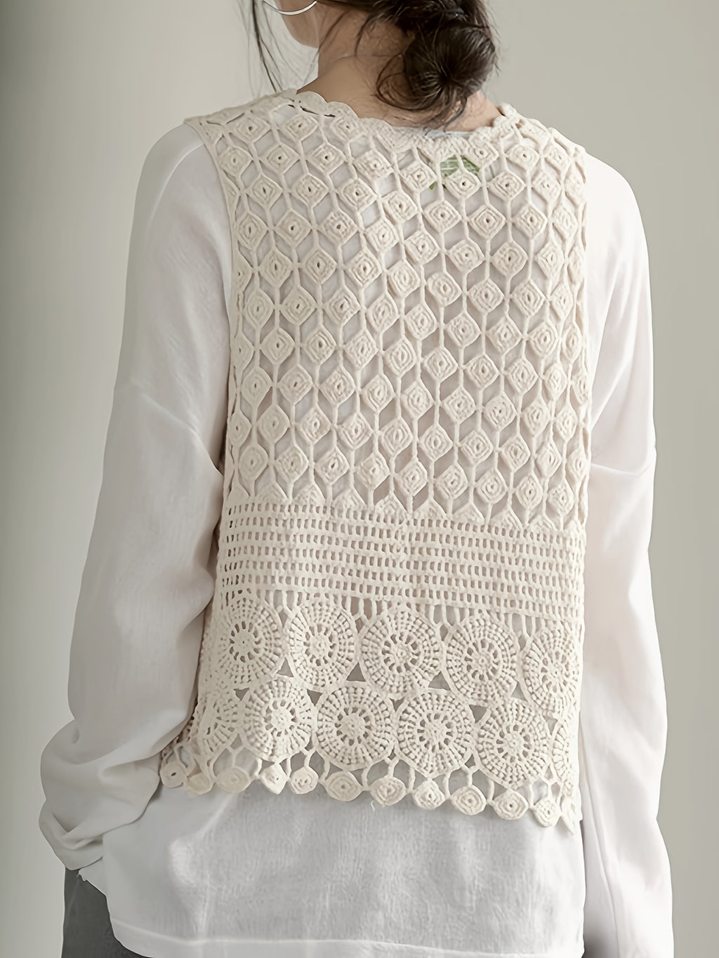 Boho Chic Cotton Breathable V-Neck Cardigan Vest for Women - Sleeveless, Hollow Out Design with Geometric Pattern, Perfect for Spring\u002FSummer, Short Fashion, Outdoor Wear, 14-16