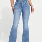 Women's High-Waist Stretch Denim Flare Jeans with Front Button Closure, Comfortable Bell Bottoms in Light Blue Washed Finish, Elegant & Trendy Design for Casual Attire