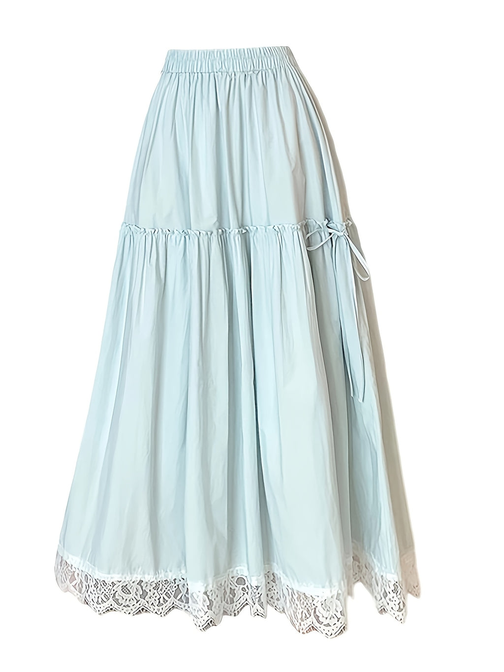Elegant Blue Lace Trim A-Line Midi Skirt for Women - Lightweight Polyester, Flowy Umbrella Hem, Perfect for Spring\u002FSummer, Versatile Fashion Accessory, Summer Fashion | Flowy A-Line Skirt | Lightweight Skirt