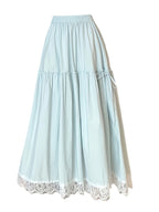 Elegant Blue Lace Trim A-Line Midi Skirt for Women - Lightweight Polyester, Flowy Umbrella Hem, Perfect for Spring\u002FSummer, Versatile Fashion Accessory, Summer Fashion | Flowy A-Line Skirt | Lightweight Skirt