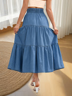 Women's High-Waisted Denim Skirt with Elastic Waistband & Faux Drawstring - Multi-Tiered A-Line Cake Skirt, Ruffled Hem, Cotton, Machine Washable for Spring Summer Fall Casual Outfits, Versatile Fashion, Breathable Fabric