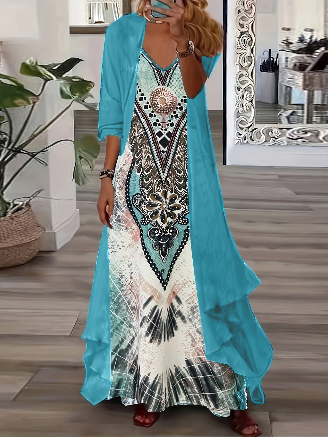 Bohemian Style Long Dress Set for Women - Two-Piece Chiffon Jacket and V-Neck Printed Maxi Dress, Casual Date Outfit with Ethnic Patterns, Vacation Wear