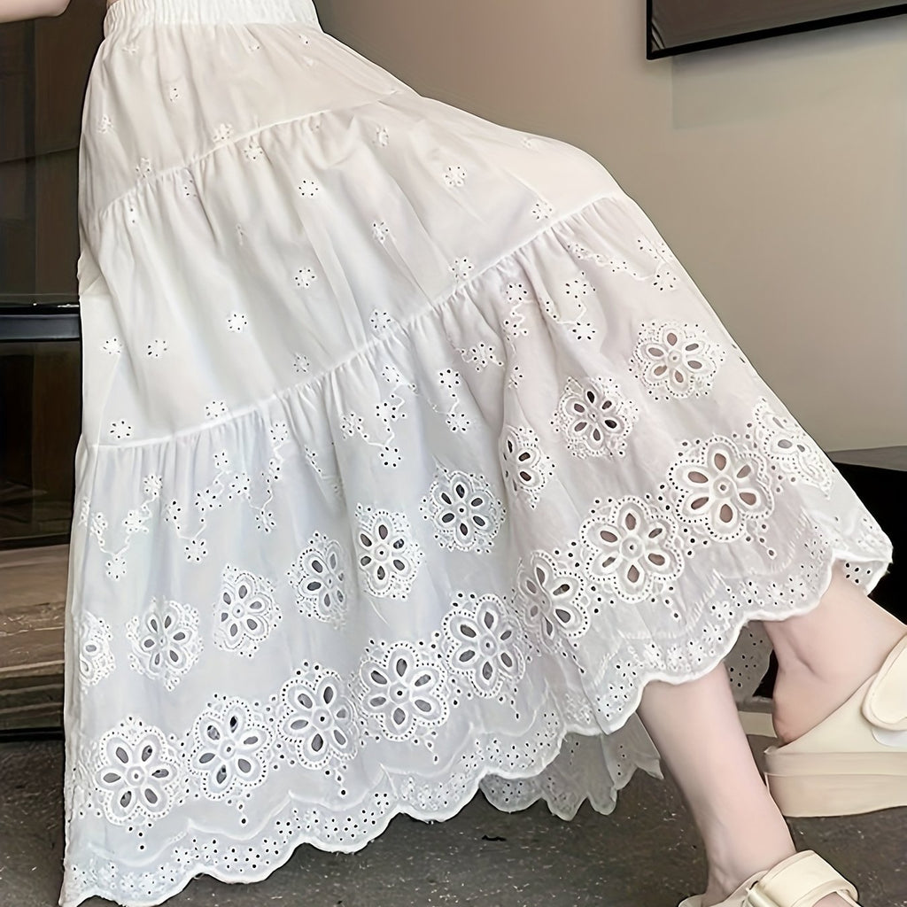 Women'S Summer Hollow Embroidered Midi Skirt with Elastic High Waist And Flared Design.