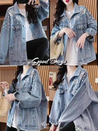 Spring\u002FFall Casual Jacket with Lapel Collar, Color Block Pattern, Long Sleeve, Button Details, Polyester Fabric, 130 g\u002Fm², Woven, Fashionable and Stylish for Going Out