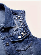 Women's Sleeveless Denim Vest with Pearl Details - Distressed Ripped Jean Jacket, Flap Pockets, Raw Hem, Button-Up Front, Light Blue Denim, Elegant Summer Style