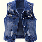 Women's Sleeveless Denim Vest with Pearl Details - Distressed Ripped Jean Jacket, Flap Pockets, Raw Hem, Button-Up Front, Light Blue Denim, Elegant Summer Style