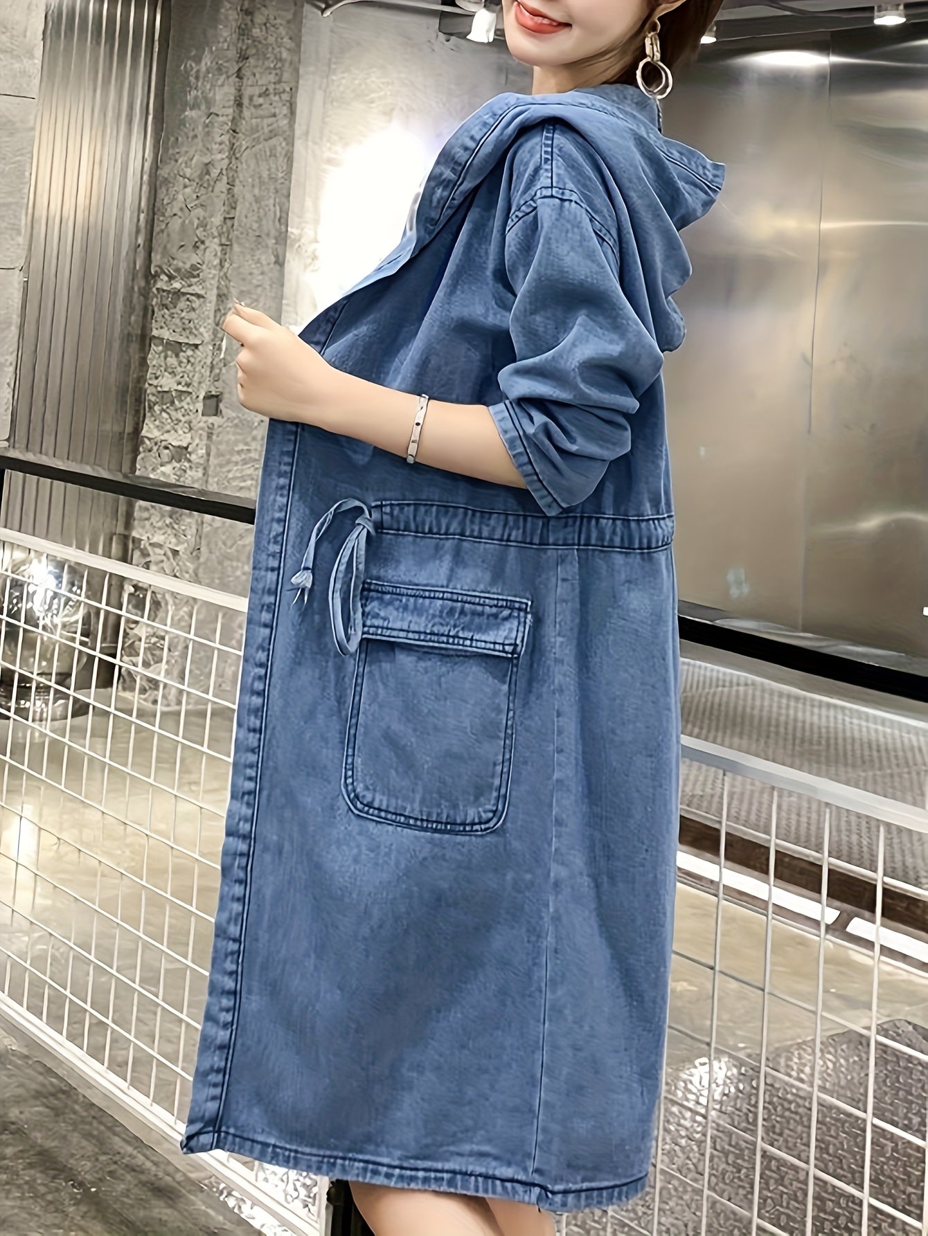 Women'S Vintage-Inspired Faux Denim Jacket with Kangaroo Pocket - Long Sleeve, Hooded, Non-Stretch Fabric, Casual Style, Spring\u002FSummer Collection, Blue Jean Jacket for Women