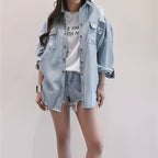 Letter Print Ripped Loose Fit Long Sleeve Light Washed Blue Denim Shirts Jacket, Women's Denim Jeans & Clothing